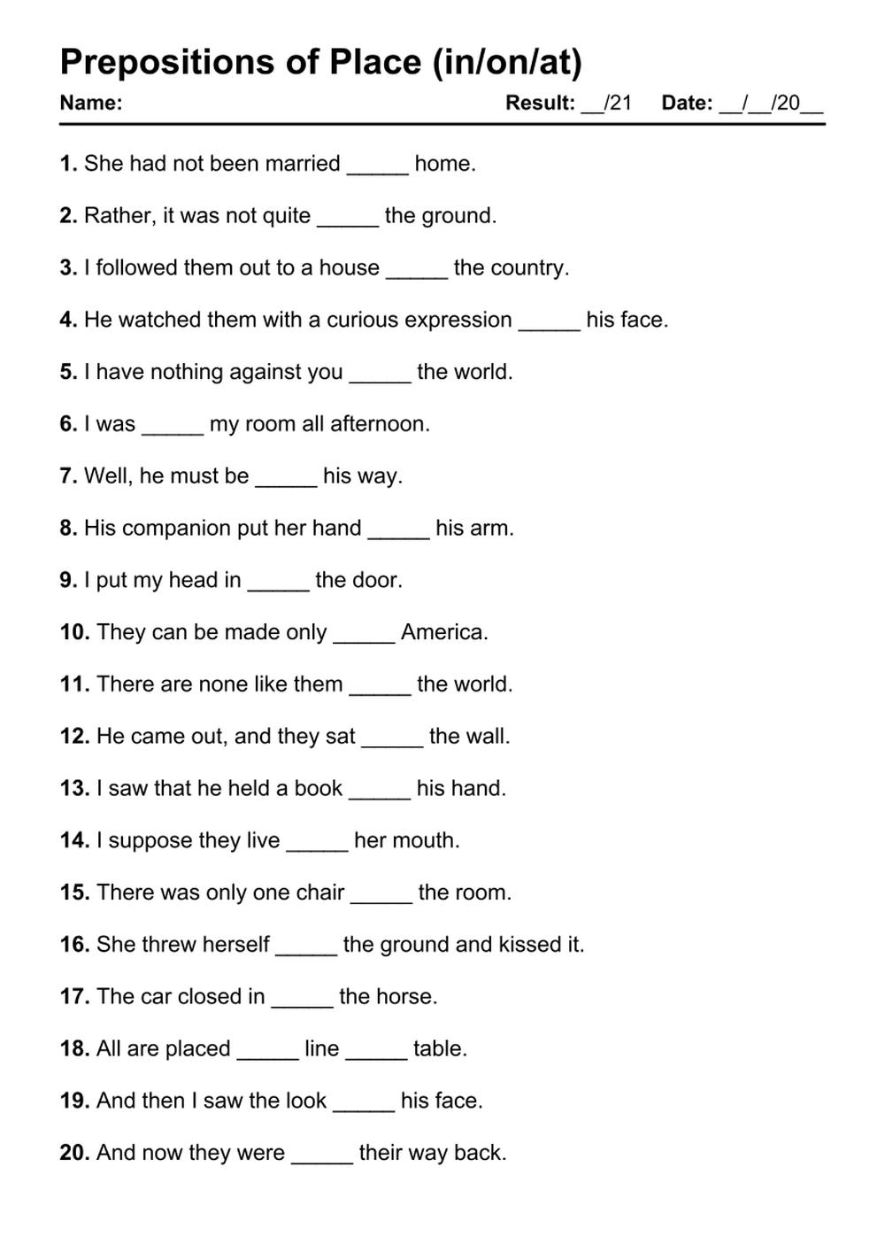 101 Prepositions Of Place PDF Worksheets With Answers Grammarism