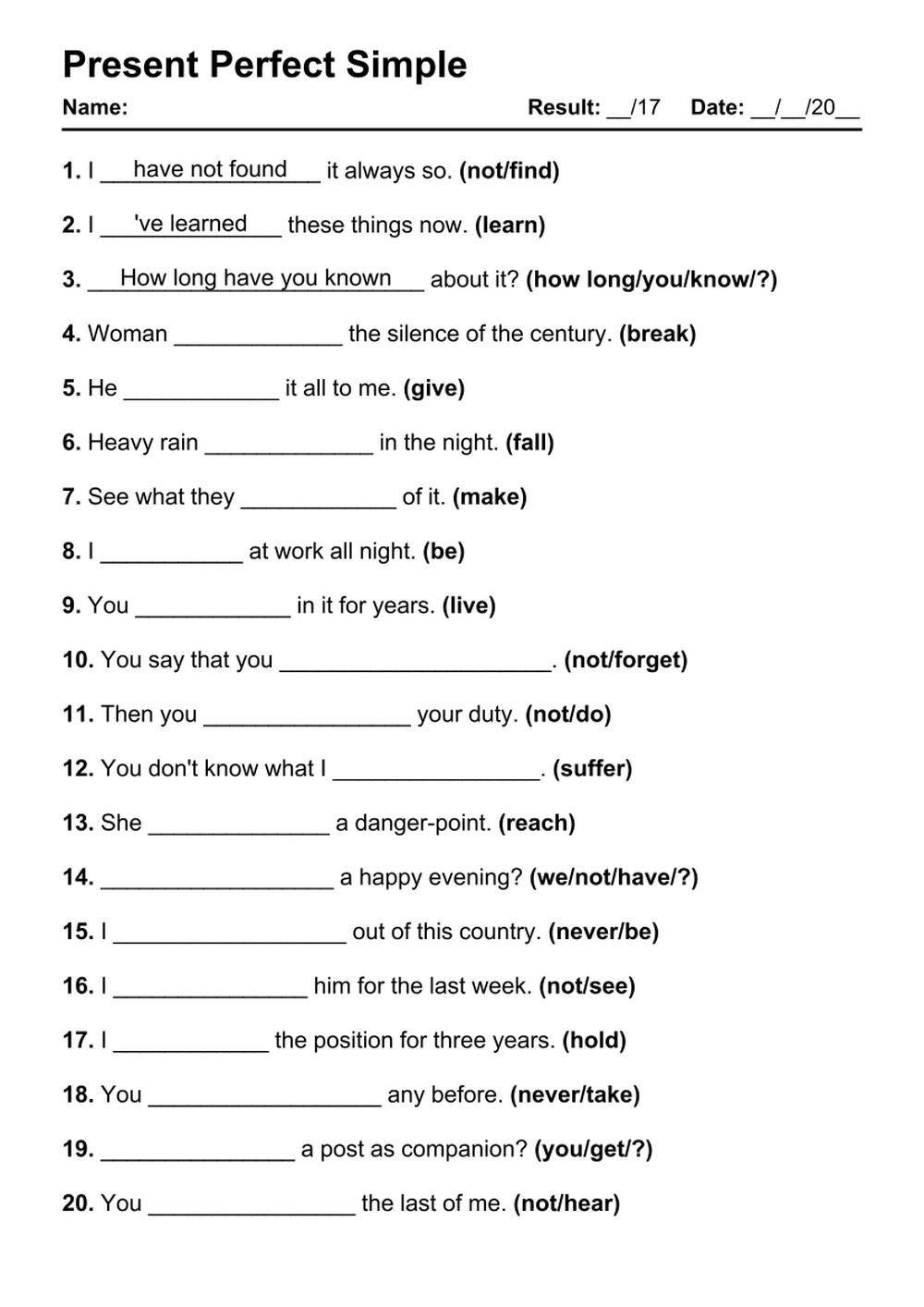 101 Present Perfect PDF Worksheets With Answers Grammarism