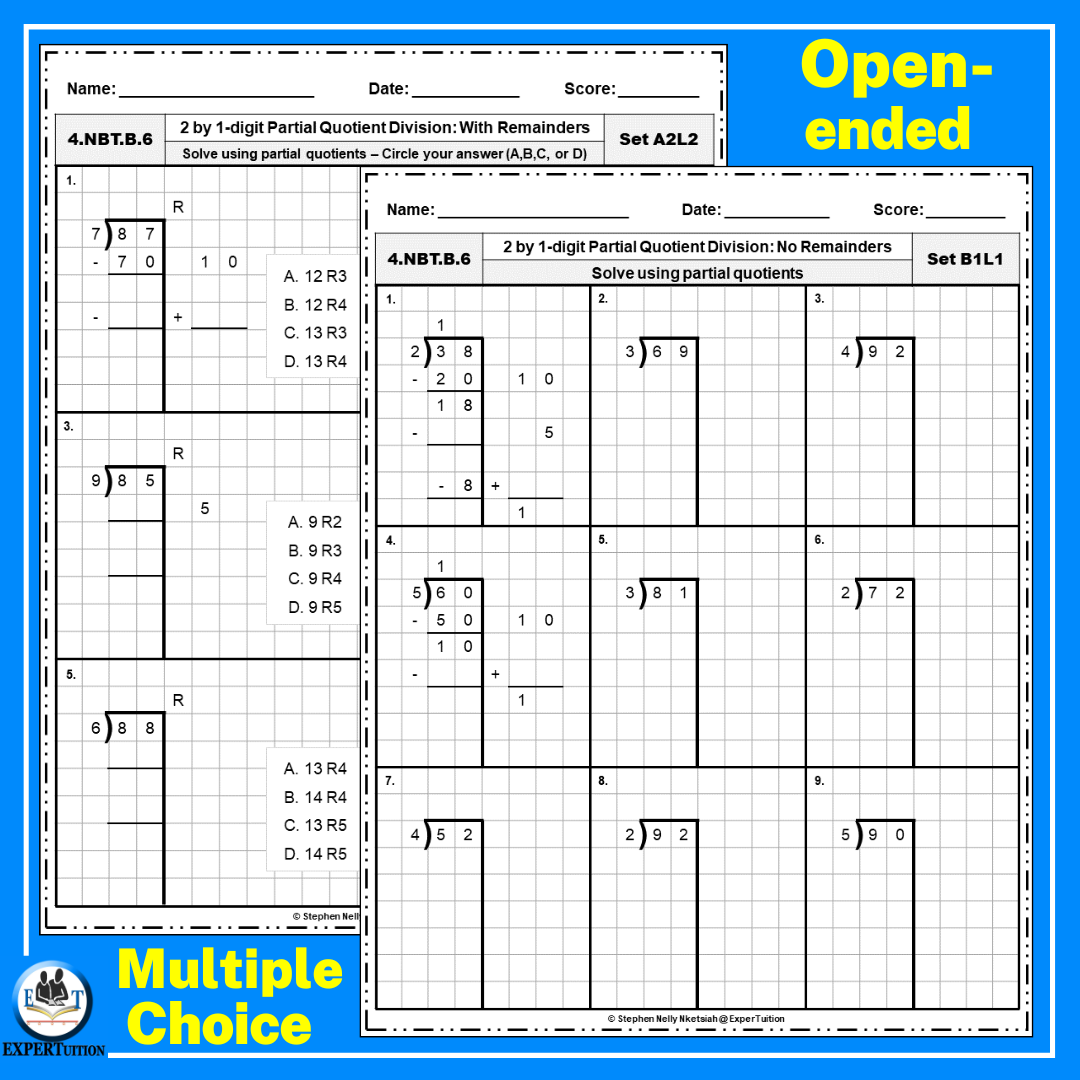 2 Digit By 1 Digit Partial Quotients Division With And Without Remainders Practice Worksheets Made By Teachers