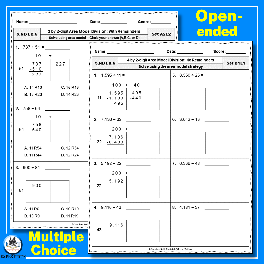 2 Digit Divisors Area Model Division Worksheets Bundle Made By Teachers