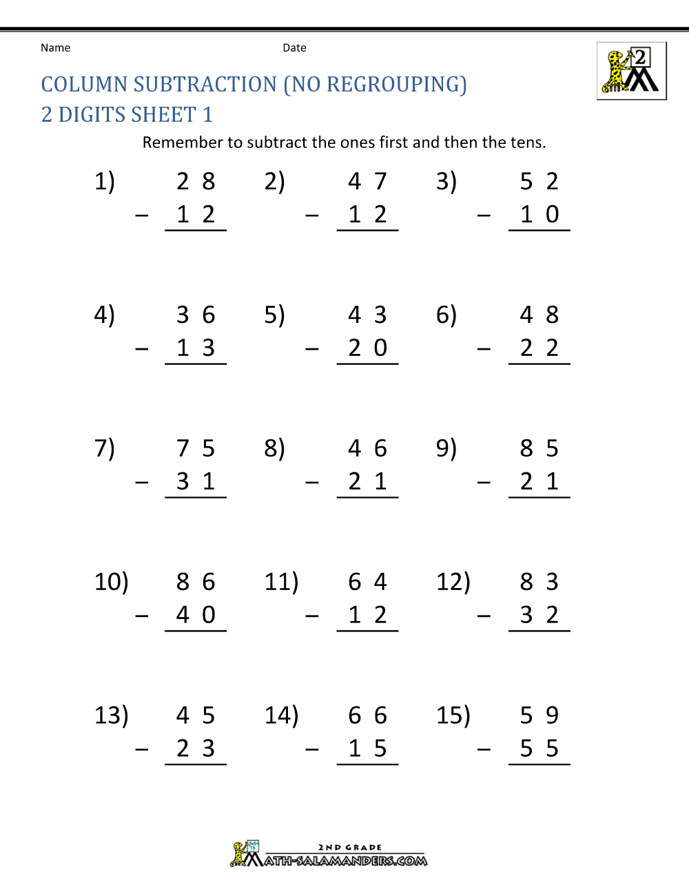 Double Digit Subtraction Without Regrouping K12 Math Worksheets
