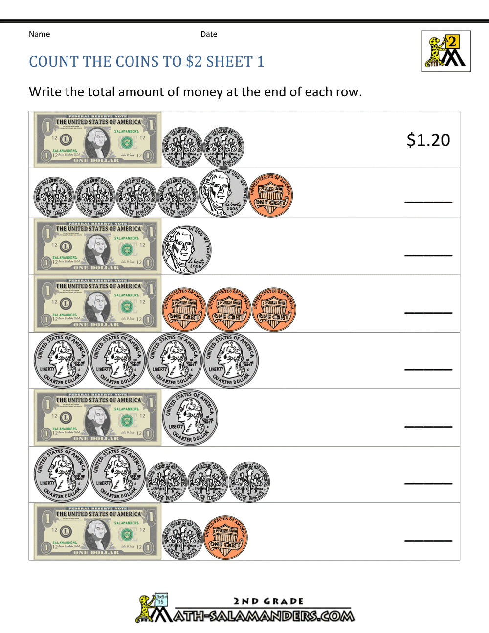 2nd Grade Money Worksheets Up To 2 Counting Money Worksheets 1st Grade