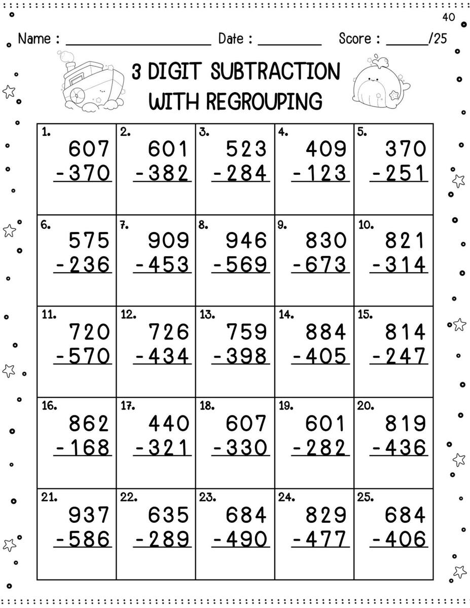 3 Digit Subtraction With Regrouping Worksheets Printable Math Practice For Kids Etsy