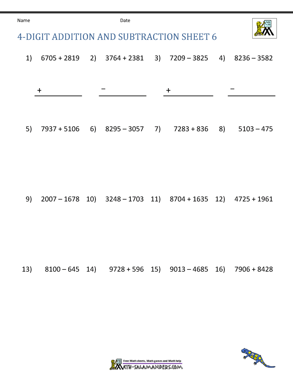 4 Digit Addition And Subtraction Worksheets