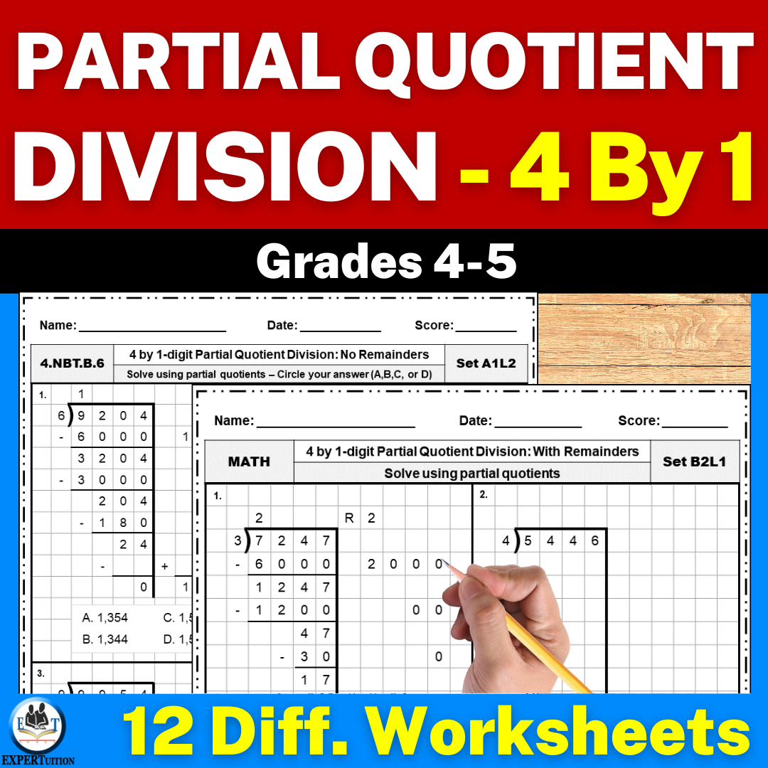 4 Digit By 1 Digit Partial Quotients Division With And Without Remainders Practice Worksheets Made By Teachers