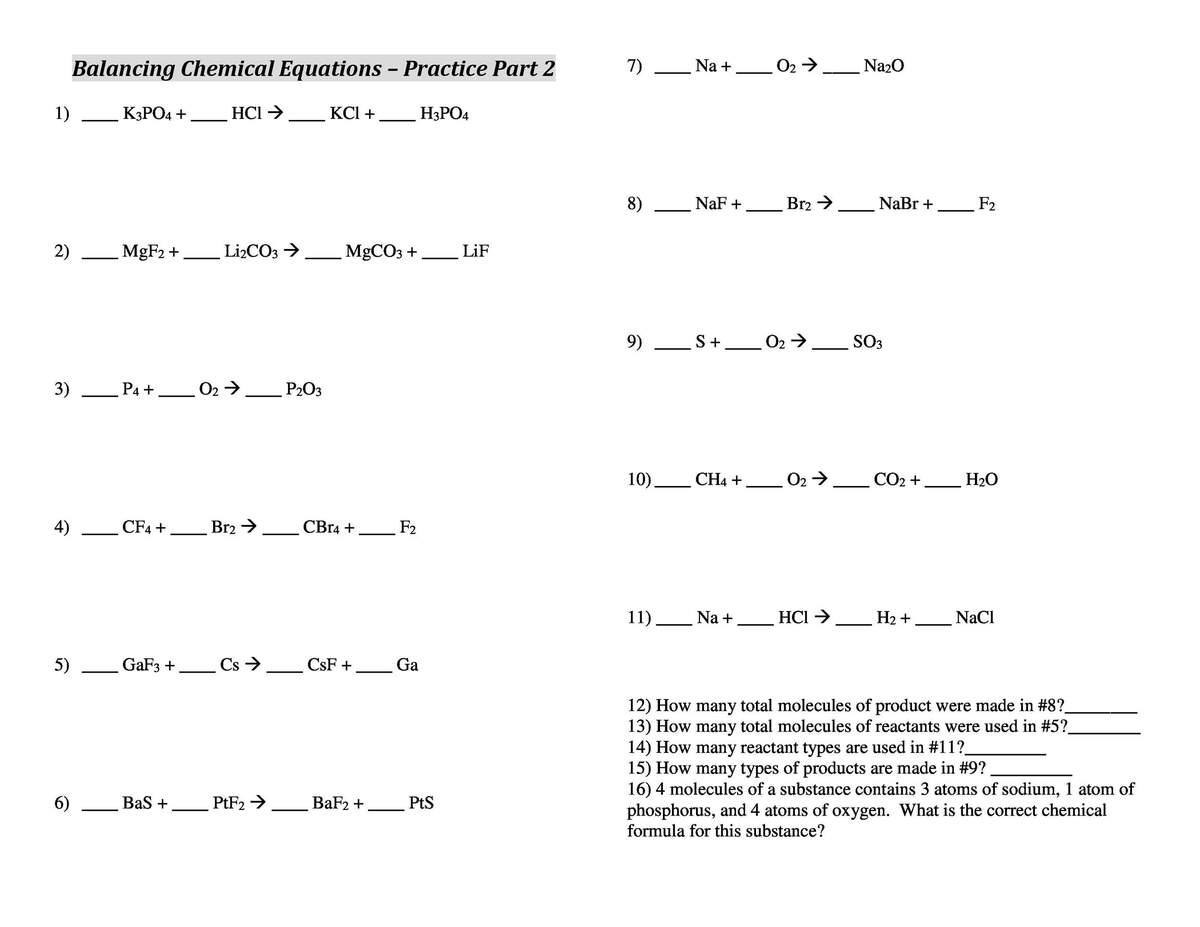 49 Balancing Chemical Equations Worksheets With Answers