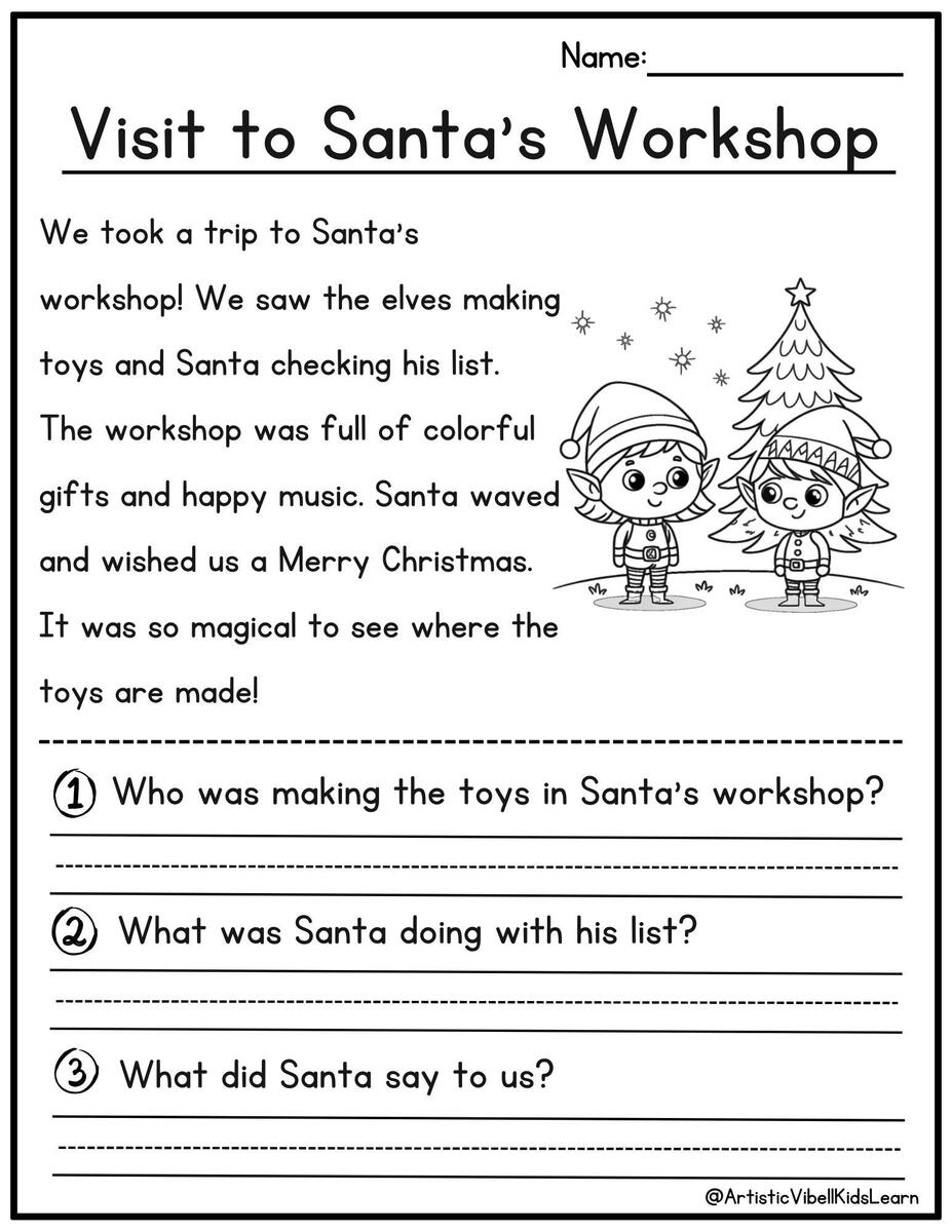 50 Christmas Reading Comprehension Printable Kindergarten First Grade Worksheets Instant Download Fluency Worksheet English Learing Etsy