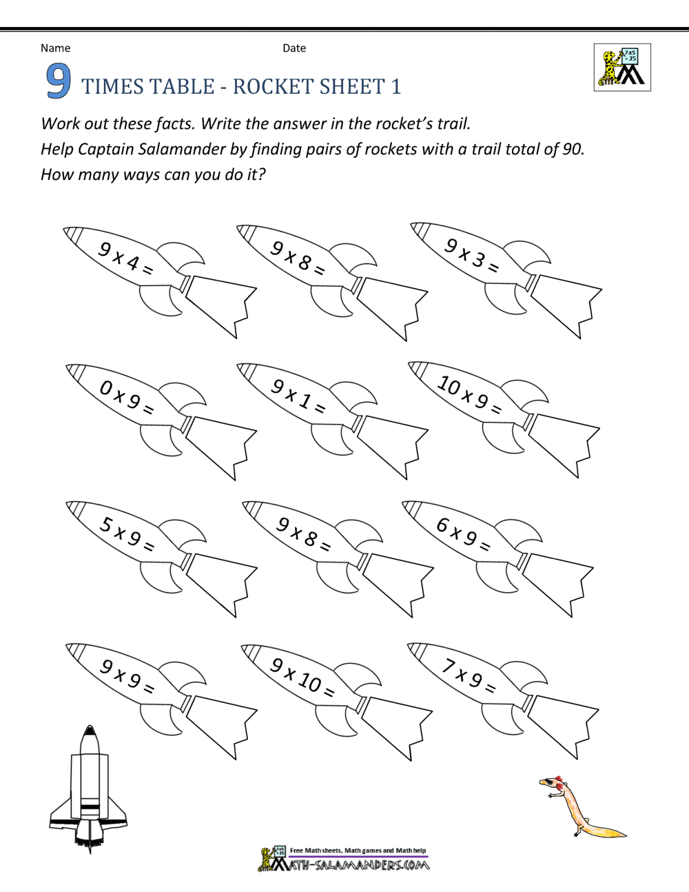9 Times Table Worksheets