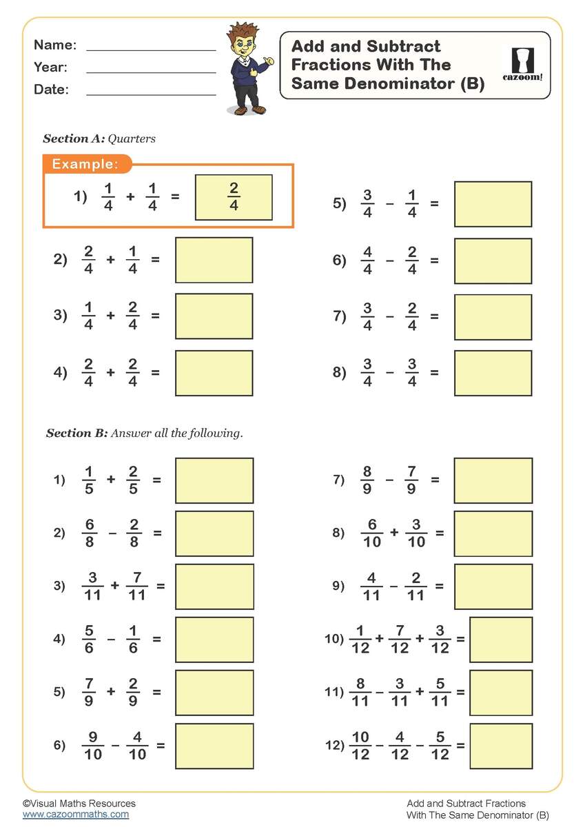 Add And Subtract Fractions B Worksheet Fun And Engaging Year 3 PDF Worksheets