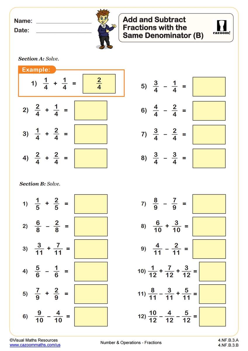 Add And Subtract Fractions C PDF Printable Number And Operations Worksheets Cazoom Math
