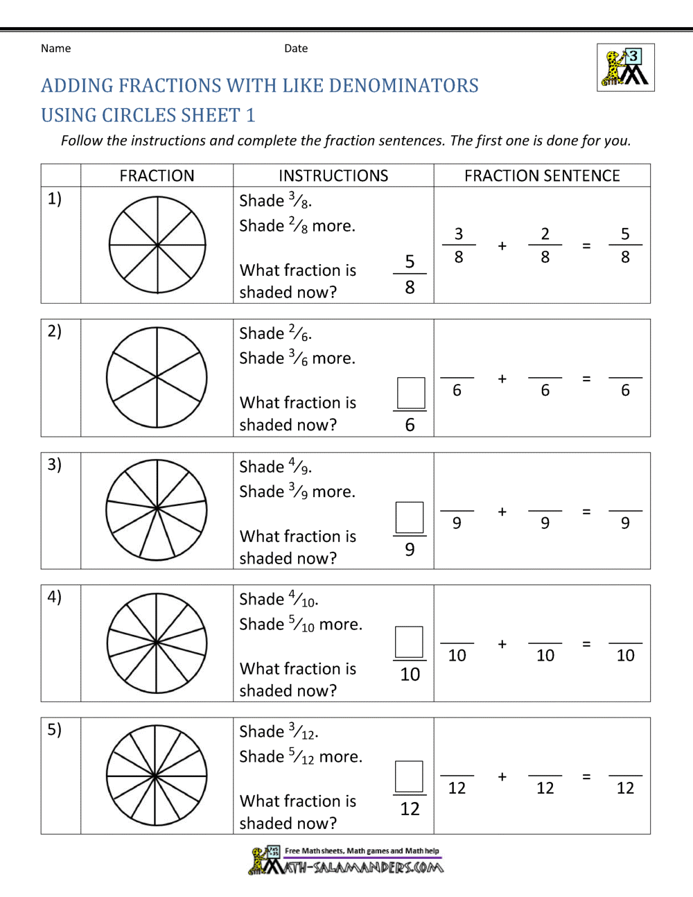 Adding Fractions With Like Denominators Worksheets