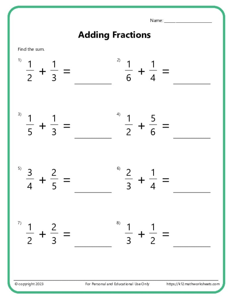 Adding Fractions With Unlike Denominators Worksheets Adding Fractions With Unlike Denominators Worksheets