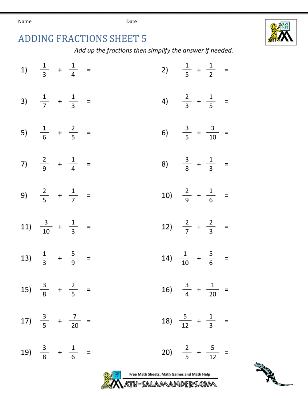 Adding Fractions Worksheets