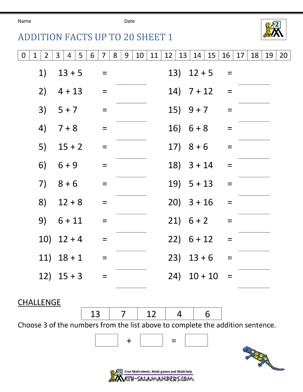 Free Addition Facts To 20 Worksheets For Kids Printable PDF