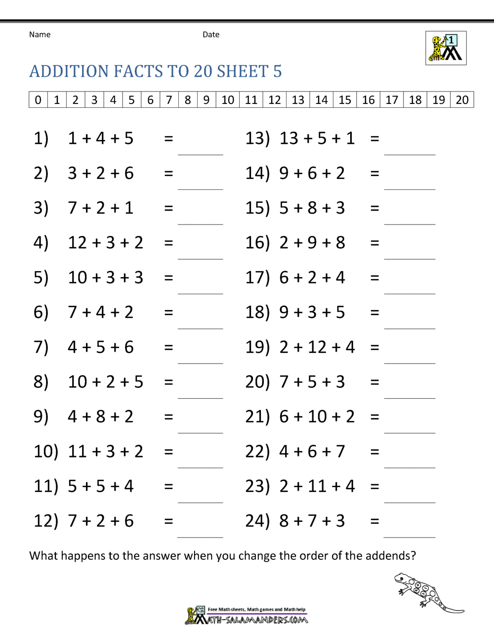 Addition Facts To 20 Worksheets Multiplication Facts Worksheets Worksheets Library