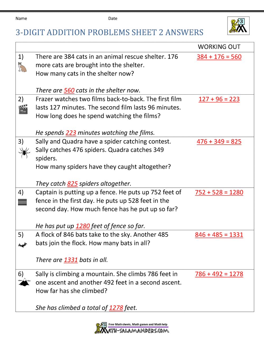 Addition Word Problems 3rd Grade