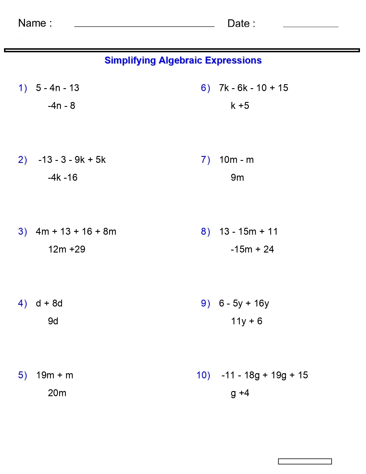 Algebraic Expressions Worksheets Simplifying Variables Worksheets 2 3 4Terms Made By Teachers Simplification Worksheets Printable Simplification Of Algebraic Expressions Worksheet PDF And Free Samples Downloads Cazoom Maths