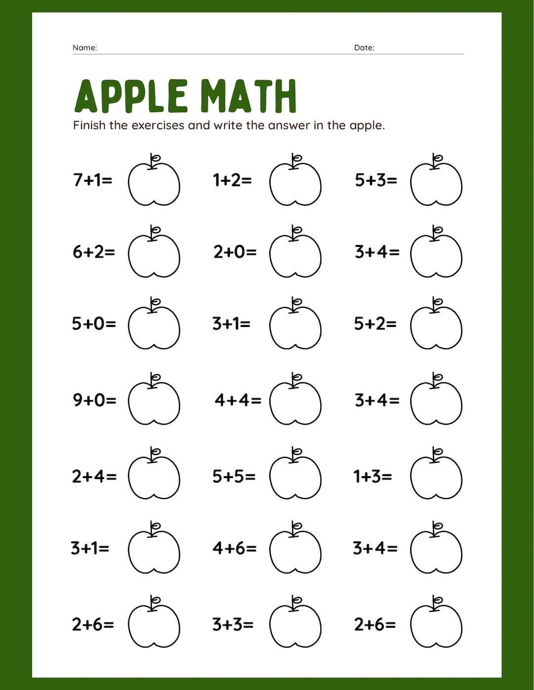 Apple Math Addition Worksheet Digital File Easy Math Teachers Or Parents Etsy