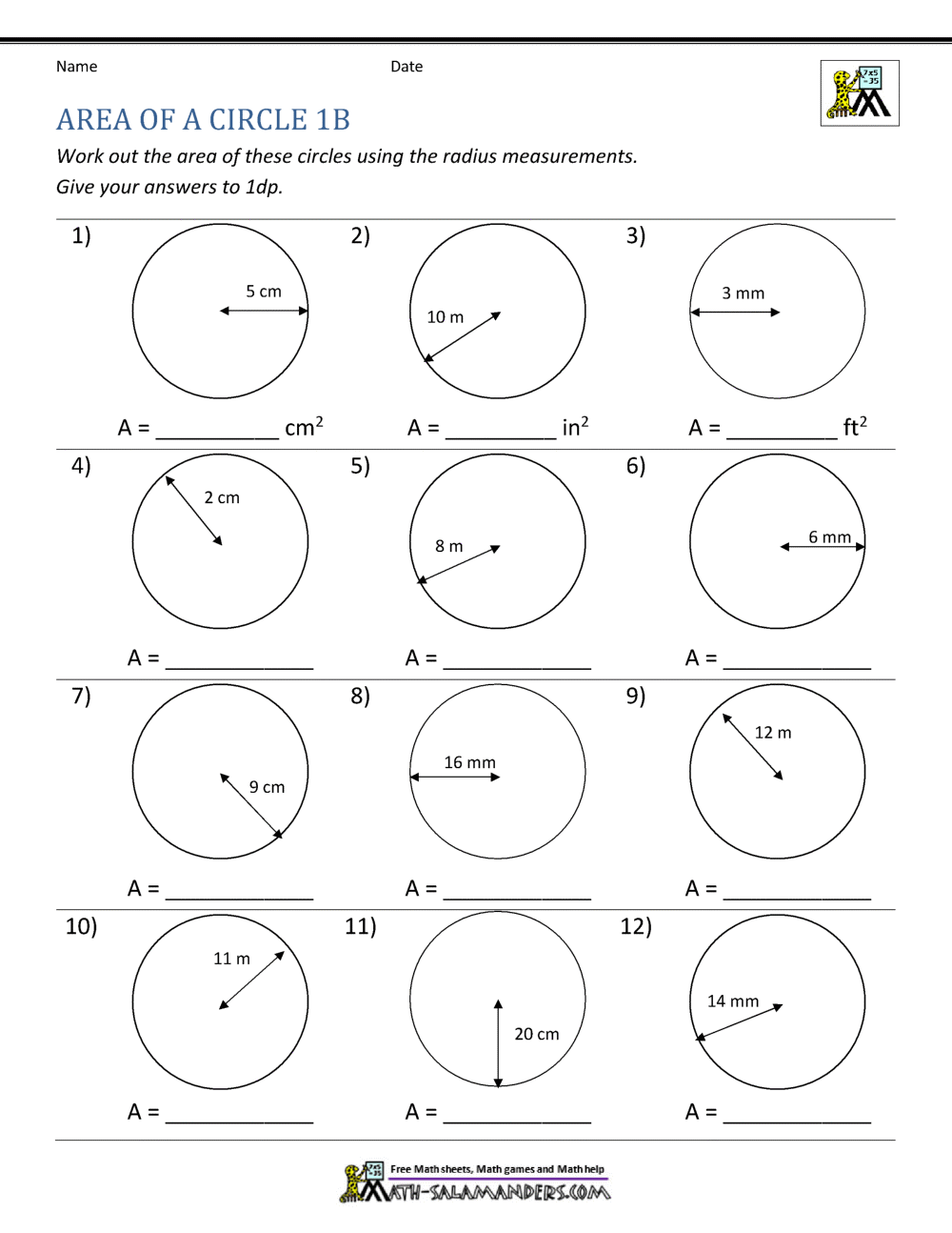 Area Of A Circle Worksheets