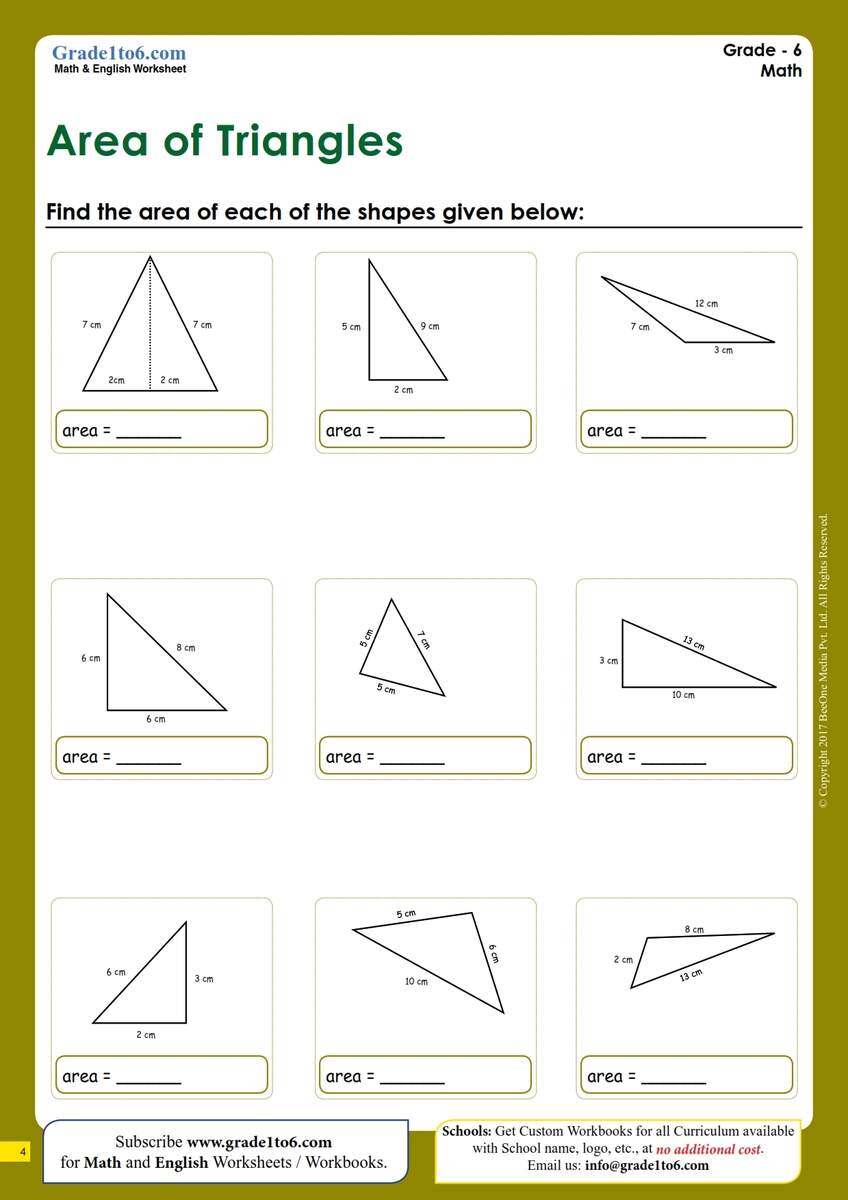 Area Of Triangles Worksheets Grade1to6 Area Of Triangles Worksheets Grade1to6