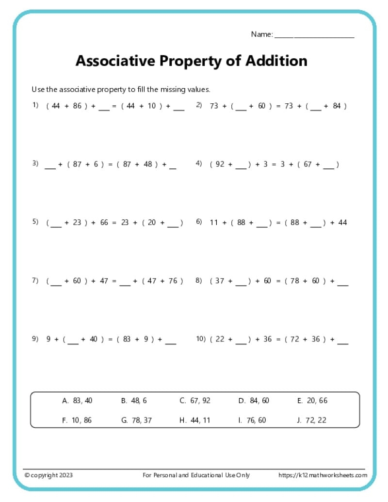 Associative Property Of Addition Worksheets K12 Math Worksheets