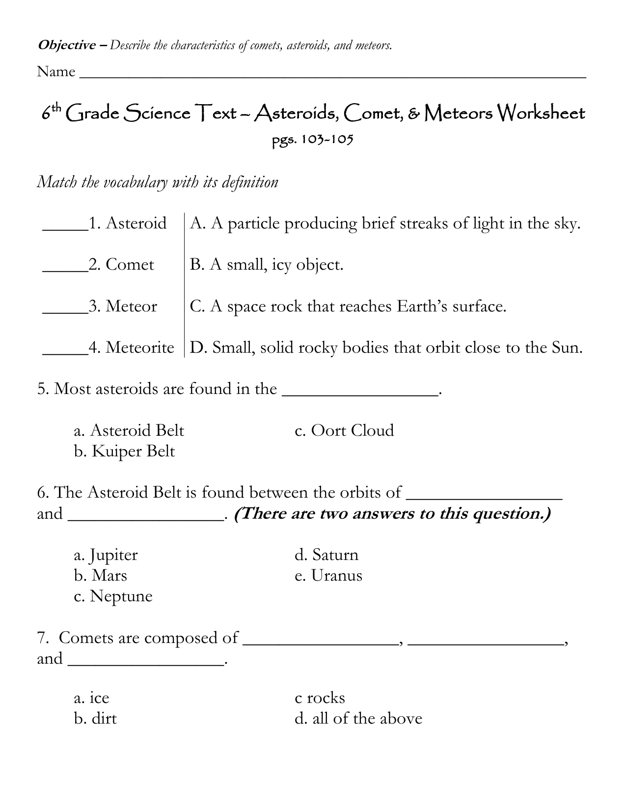 Asteroids Comets Meteors Worksheet 6th Grade Science