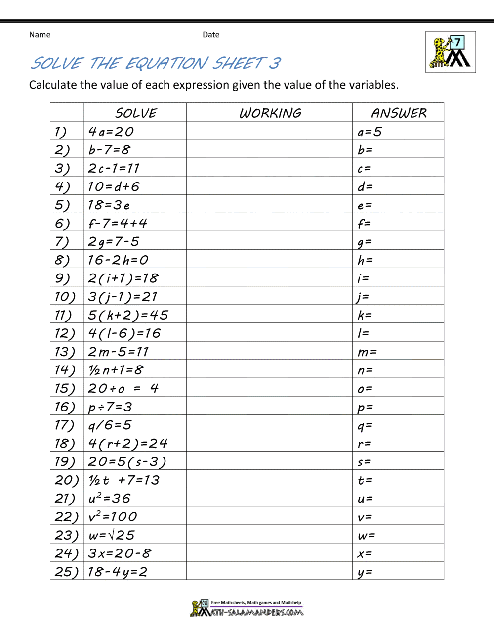 Free Worksheets For Evaluating Expressions With Variables Grades 6 8 Pre Algebra And Algebra 1