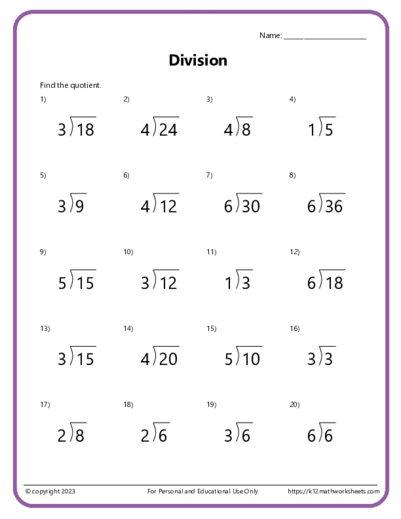 10 Printable Division Worksheets Numbers 1 10 3rd 5th Grade Math Etsy
