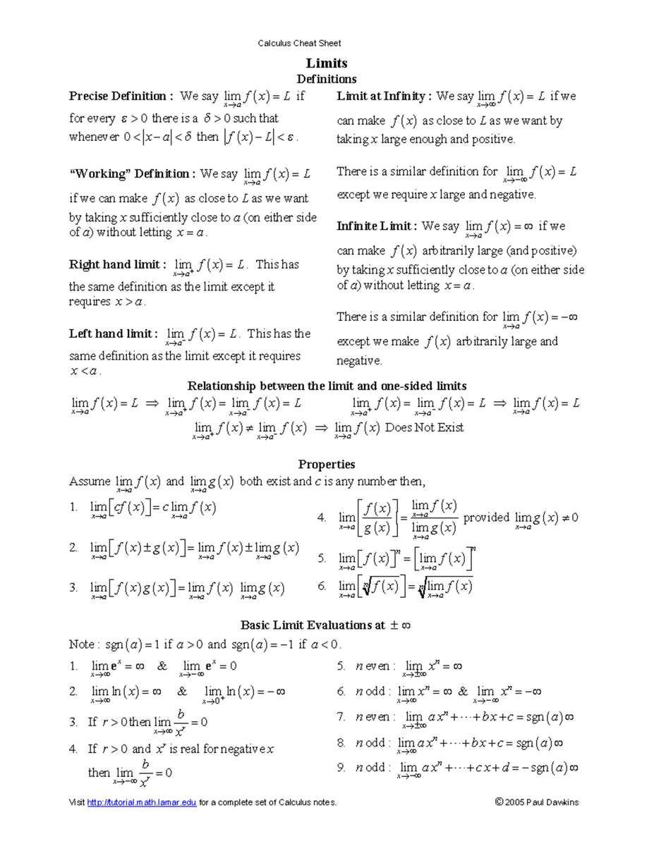Calculus 101 Comprehensive Cheat Sheet For Limits Integrals Studocu