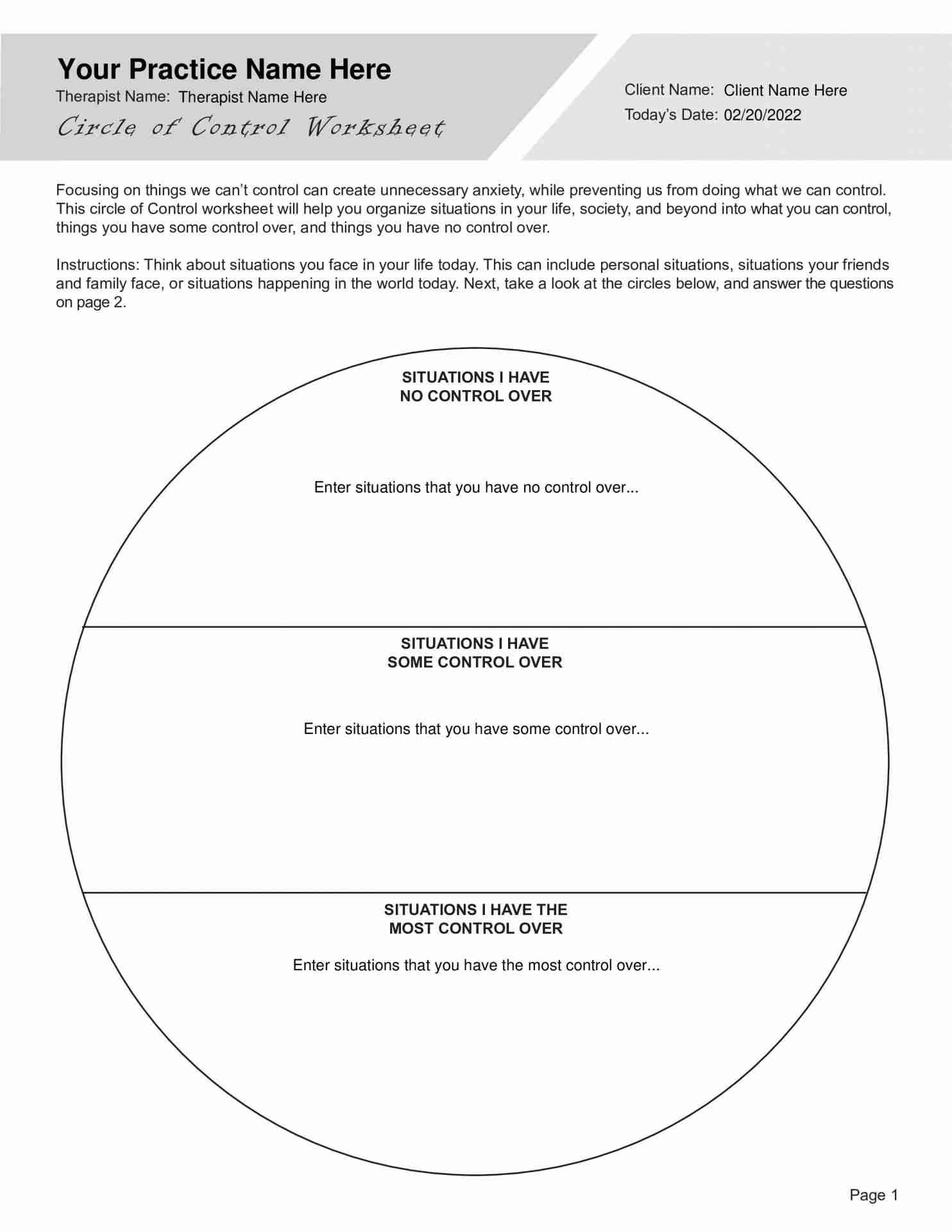 Circle Of Control Worksheet PDF Template TherapyByPro