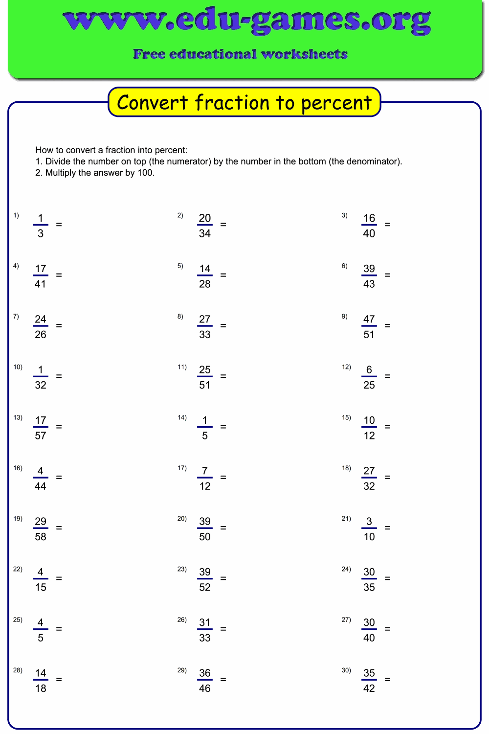 Convert Fractions To Percent Free Worksheet Generator Printable PDFs