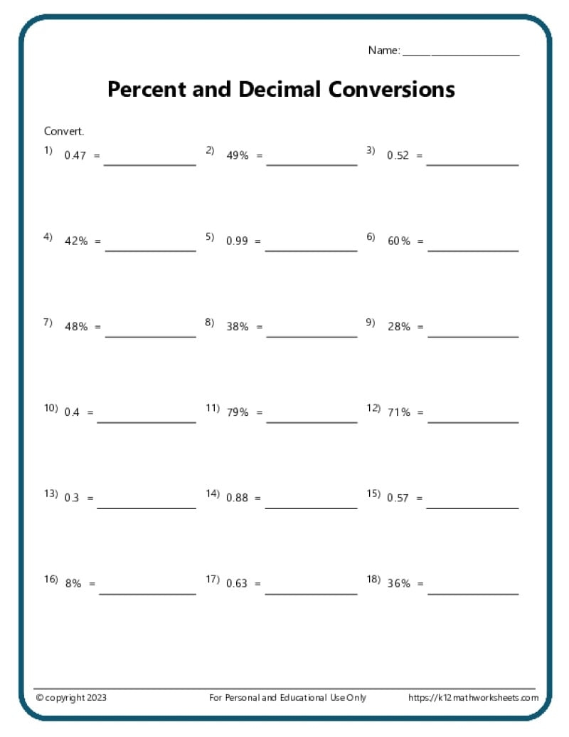 Converting Percentages Worksheets Converting Percentages Worksheets