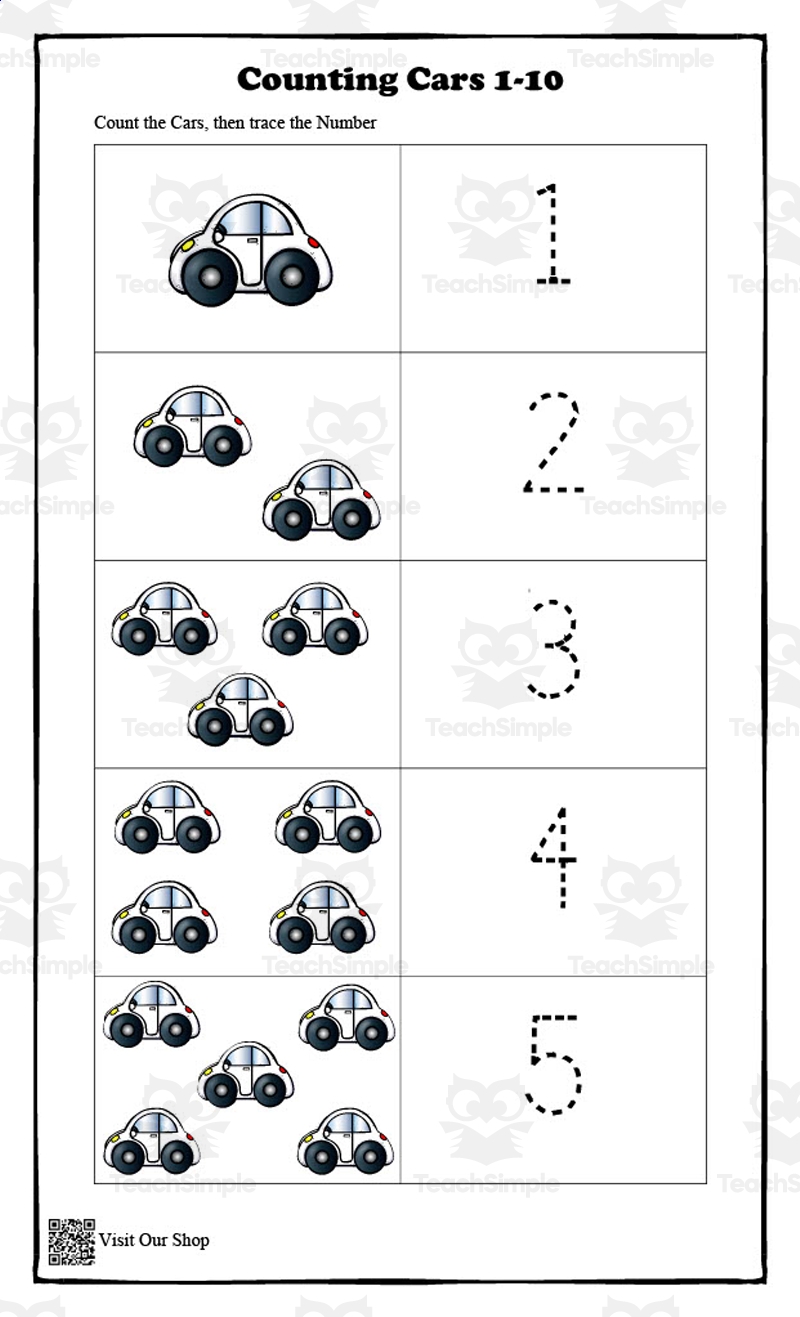 Counting Cars 1 10 Printable By Teach Simple Kindergarten Math Counting Objects Worksheets 1 10 Black And White Teaching Resources