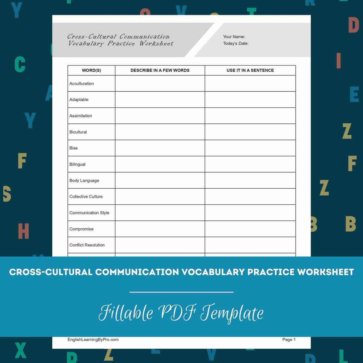 Cross Cultural Communication Vocabulary Practice Worksheet Editable Fillable Printable PDF EnglishLearningByPro Cross Cultural Communication Vocabulary Practice Worksheet Editable Fillable Printable PDF EnglishLearningByPro