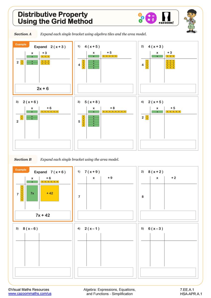 Distributive Property Using The Grid Method Worksheet PDF Printable Algebra Worksheet Cazoom Math 3 MD C 7 Worksheets Printable 3rd Grade Math Worksheets Cazoom Math