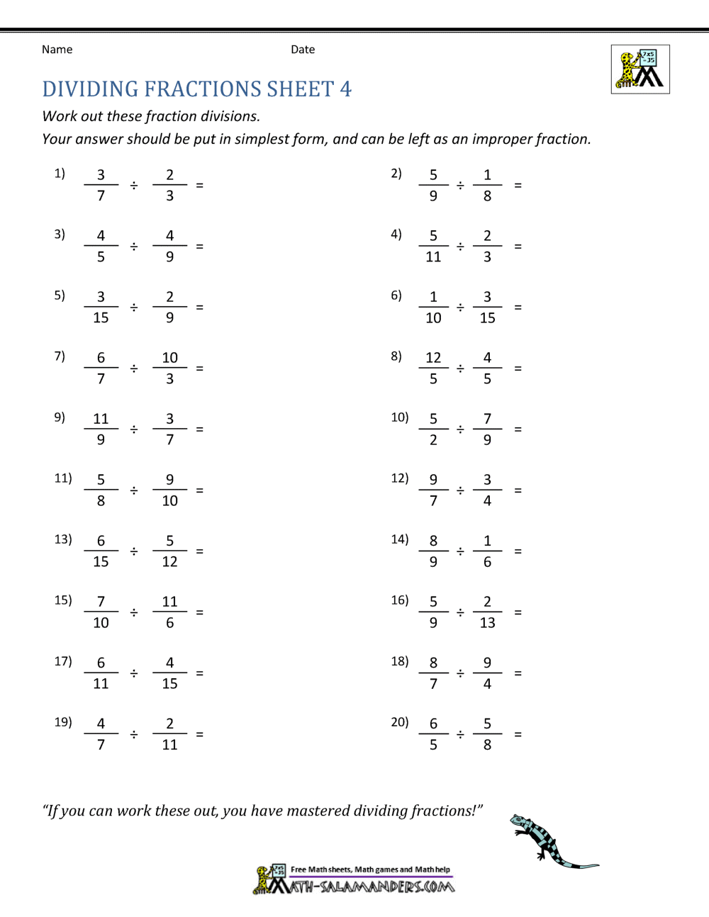 Dividing Fractions Worksheet