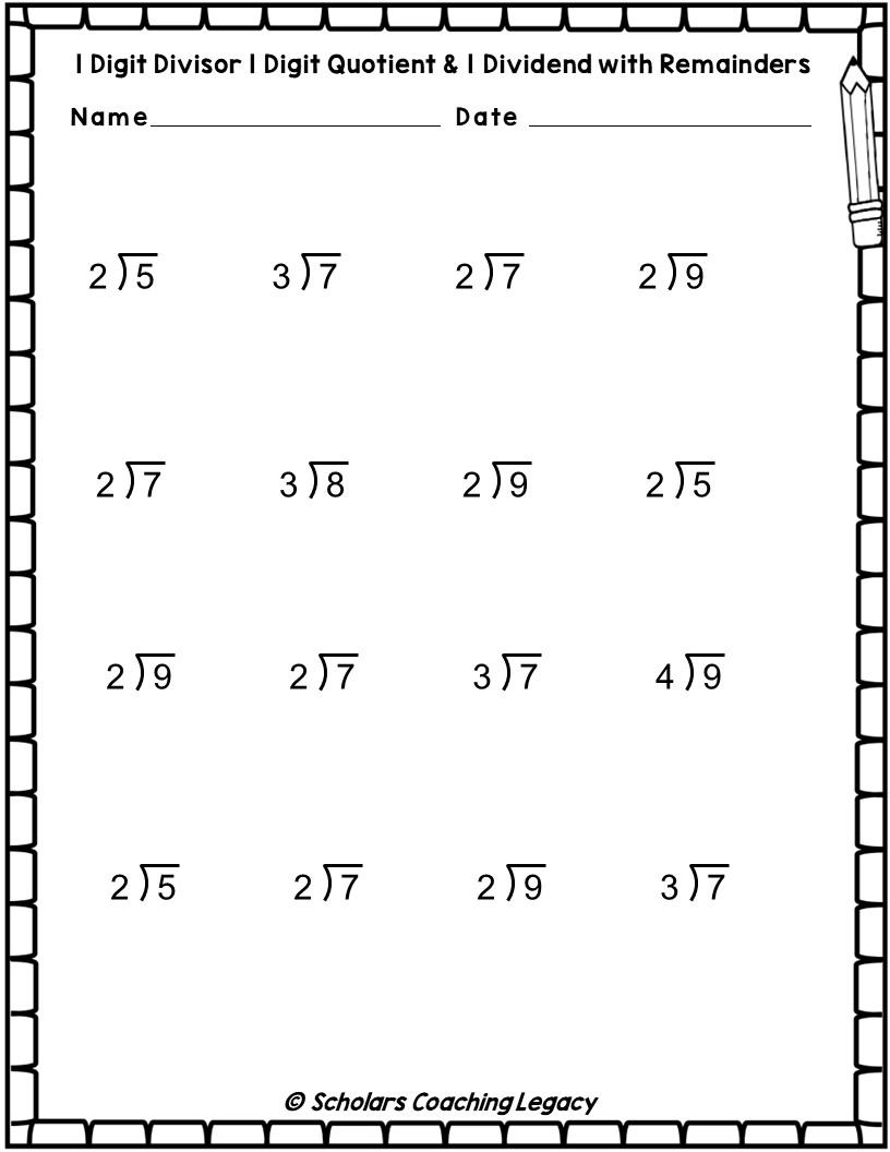 Division With 1 Digits Divisor 1 Quotient 1 Dividend With Remainders Worksheets Math Problems Made By Teachers Division Worksheets 3rd Grade