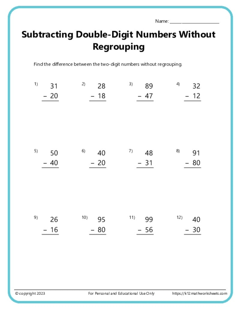 Double Digit Subtraction Without Regrouping K12 Math Worksheets
