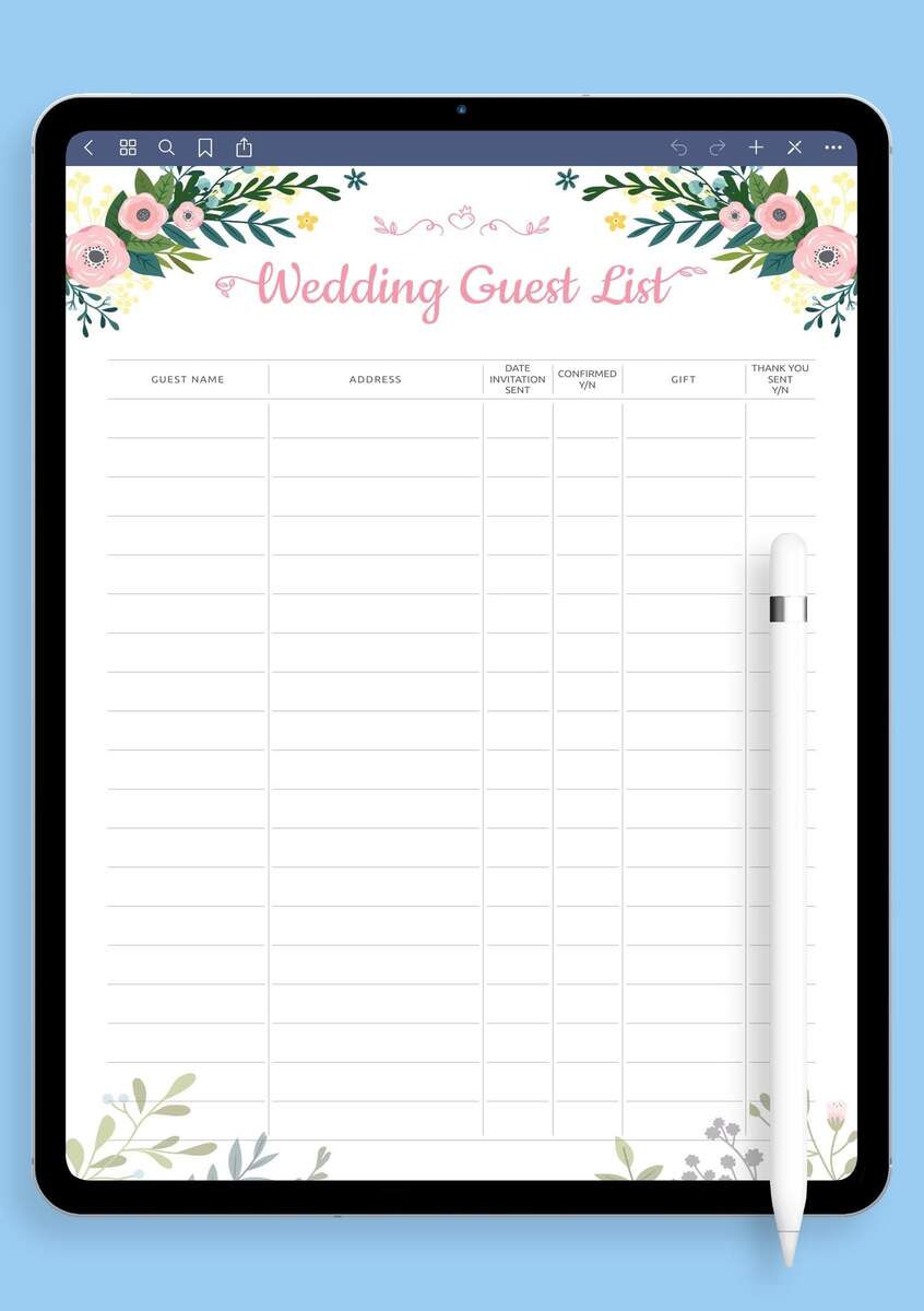 Wedding Guest List Printable Template A4 A5 Letter Etsy