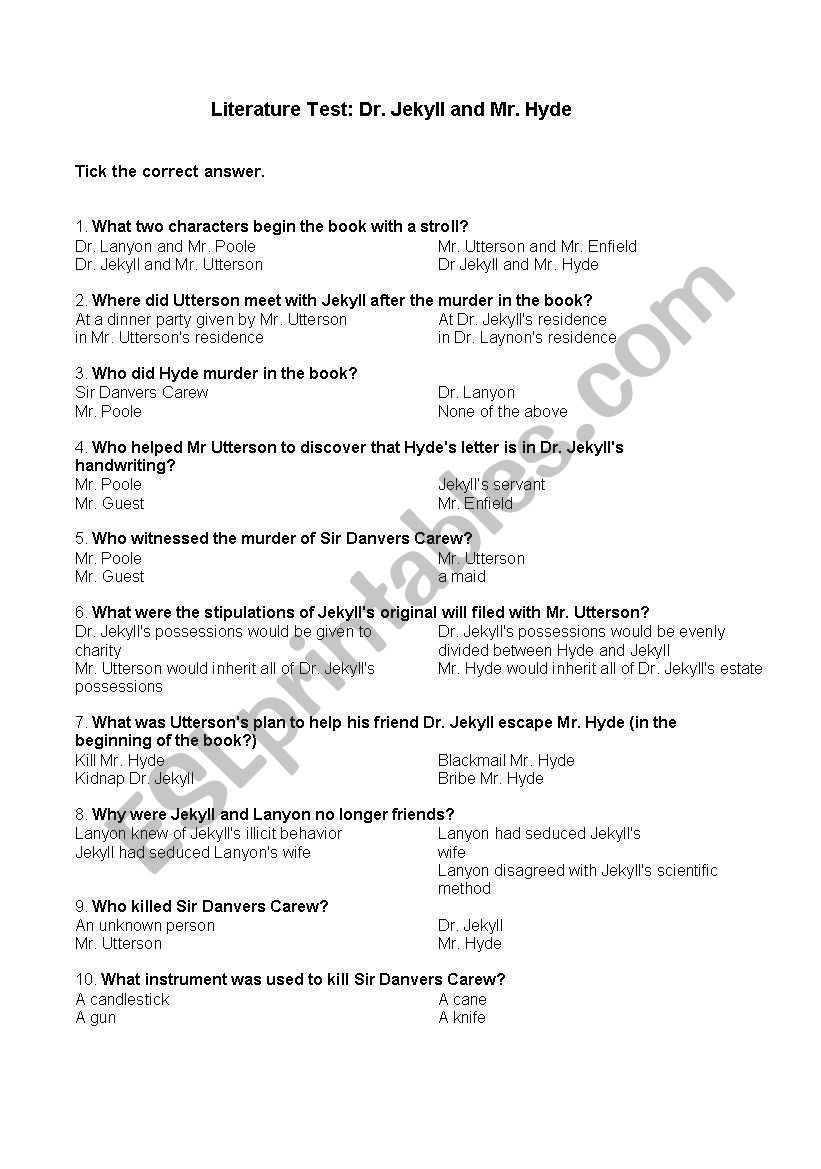 Dr Jekyll And Mr Hyde Comprehension Test ESL Worksheet By Melisa Js