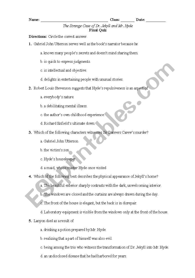 English Literature Dr Jekyll Mr Hyde Worksheets Made By Teachers