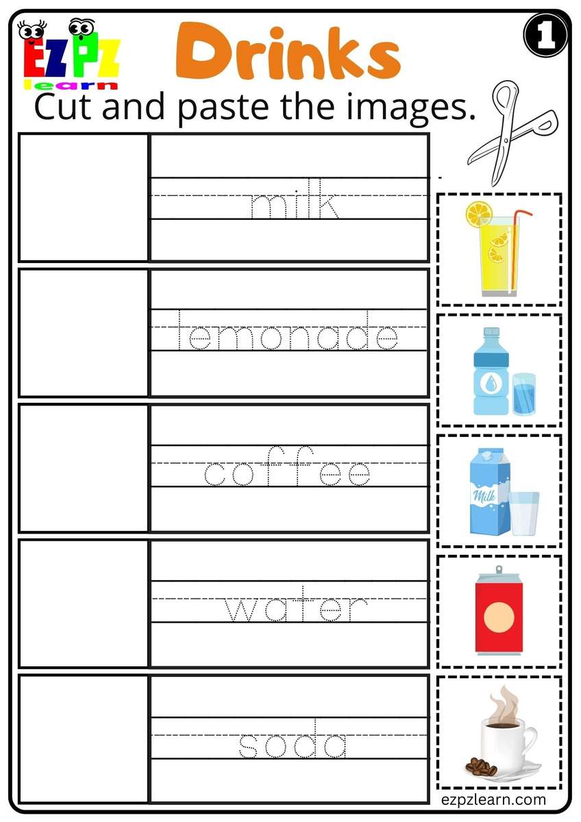 Drinks Cut And Paste Worksheet For K5 Kids And ESL Set 1 Free PDF Download Ezpzlearn Drinks Cut And Paste Worksheet For K5 Kids And ESL Set 1 Free PDF Download Ezpzlearn