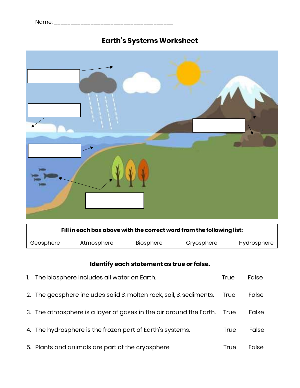 Earth Systems Worksheet Earth Systems Worksheet