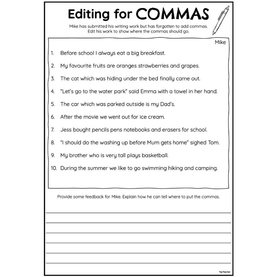 Editing For Commas Worksheets Top Teacher