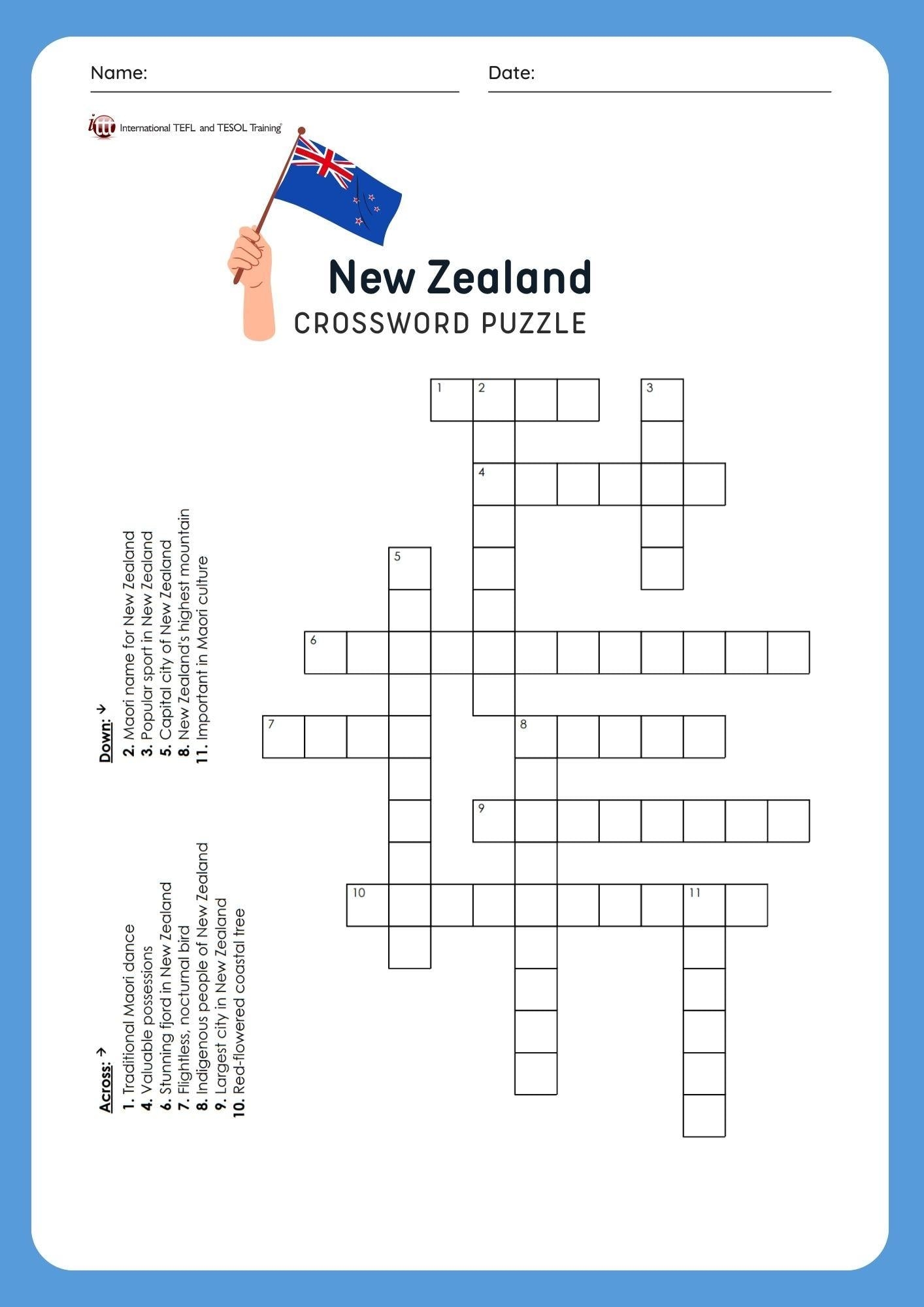 EFL New Zealand Vocabulary Crossword Puzzle ITTT