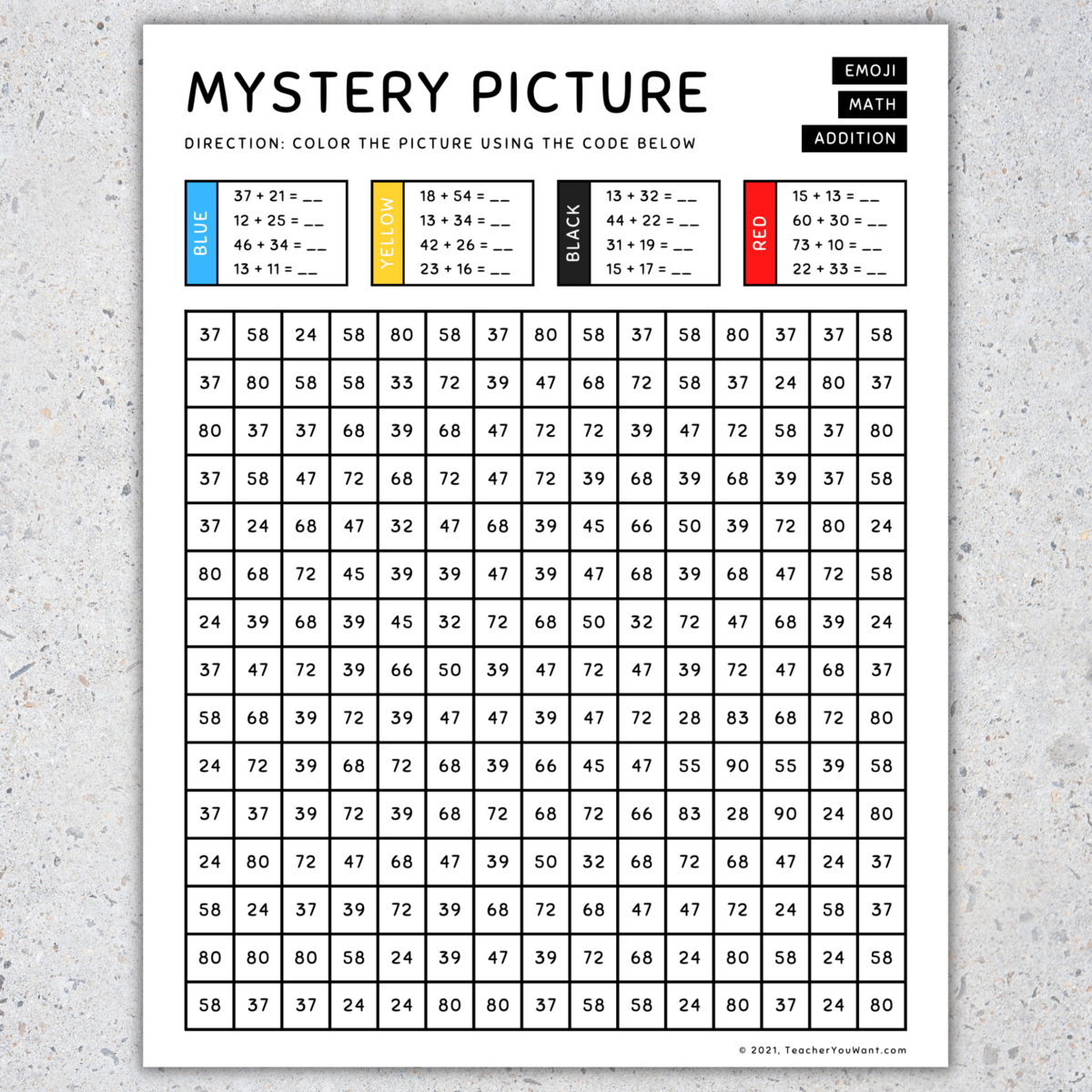 Emoji Mystery Picture Color By Number Back To School Math Addition Made By Teachers Christmas Math Mystery Pictures Grade 4 Addition Subtraction Multiplication Division Made By Teachers
