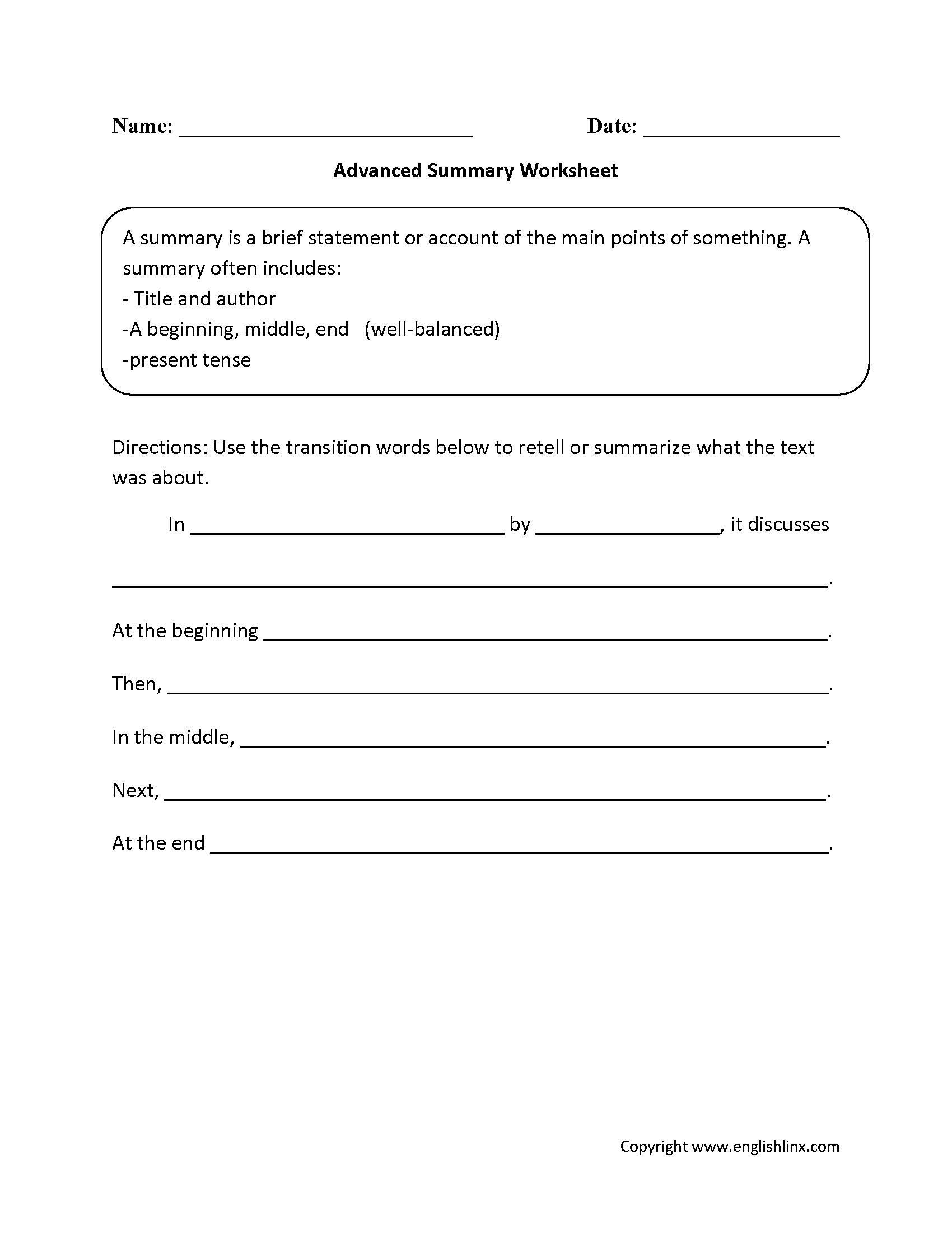 Printable 5th Grade Summarizing Worksheets