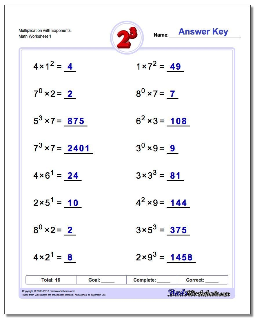 Exponents Worksheets