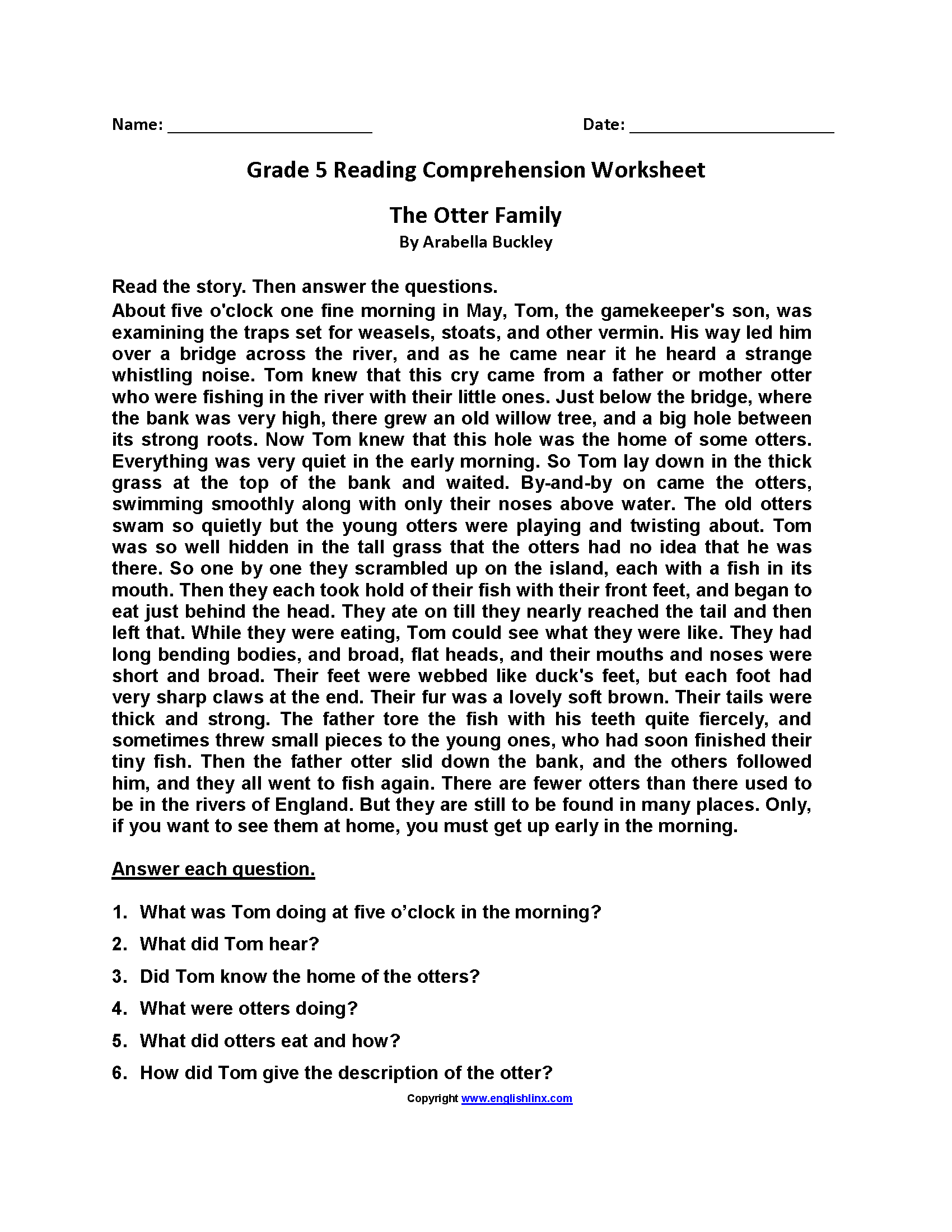 5th Grade Reading Worksheets Reading For Key Ideas Worksheet