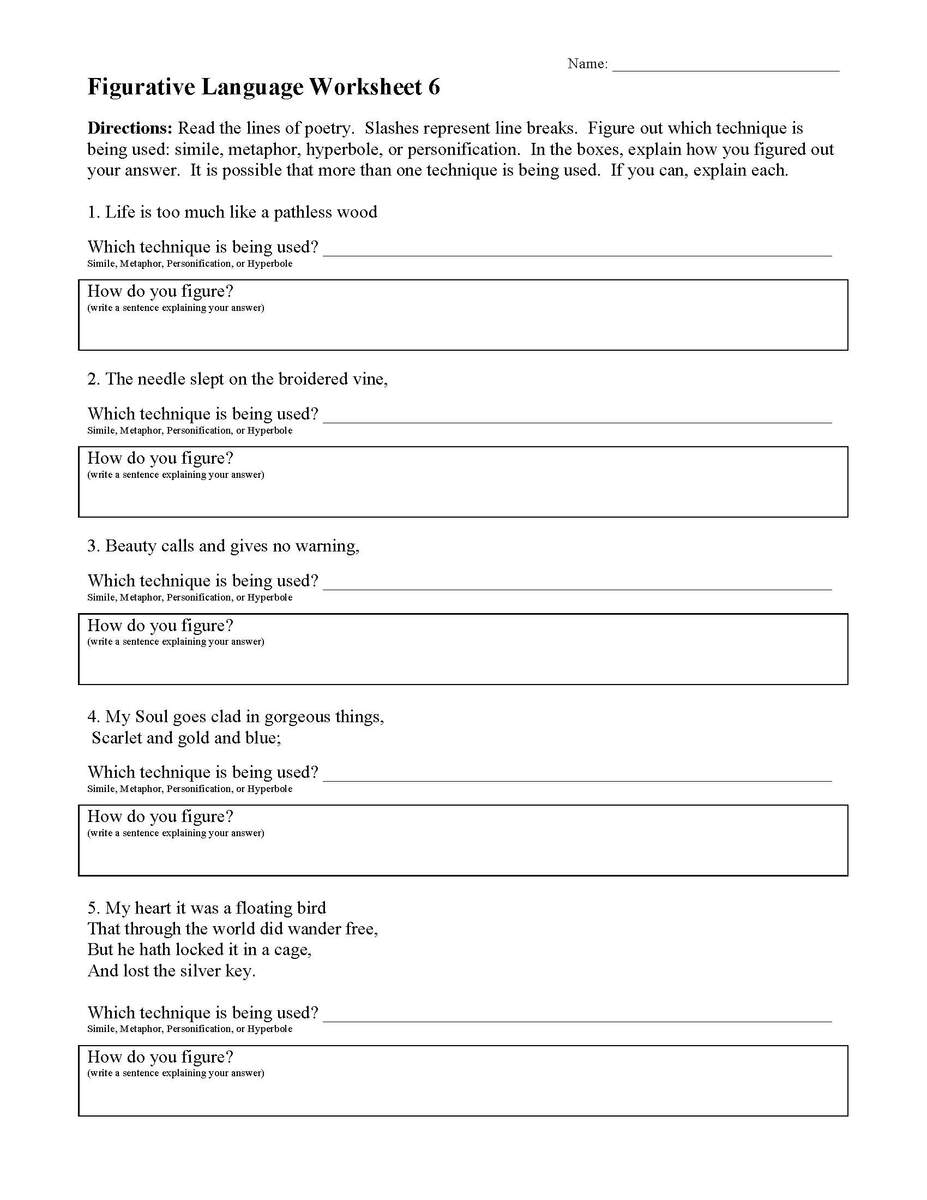 Figurative Language Worksheet 6 Reading Activity Figurative Language Worksheet 6 Reading Activity